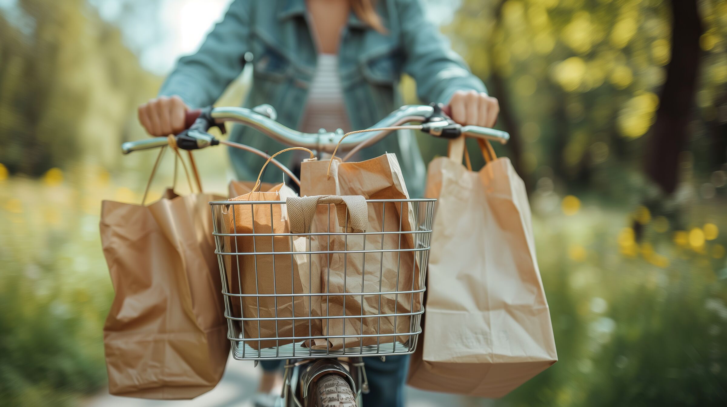 Die beste Wahl: Mit dem Fahrrad zum Einkaufen. (Foto: vladdeep-adobe-stock) Radfahrerin im Grünen mit Einkaufstaschen am Lenker und im Fahrradkorb