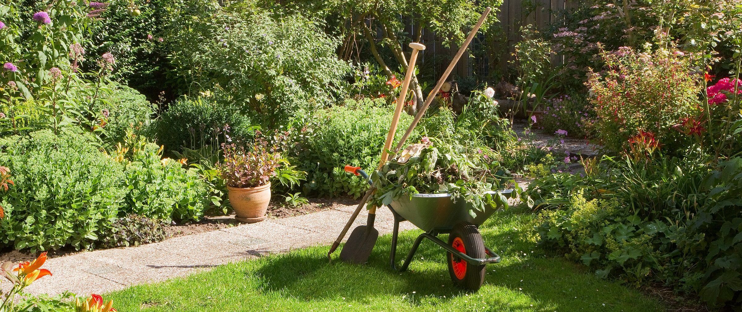 Foto: Colette/stock.adobe.com Eine Schubkarre steht in einem strukturreichen Garten mit vielen verschiedenen Pflanzen. Alles ist grün und blüht.